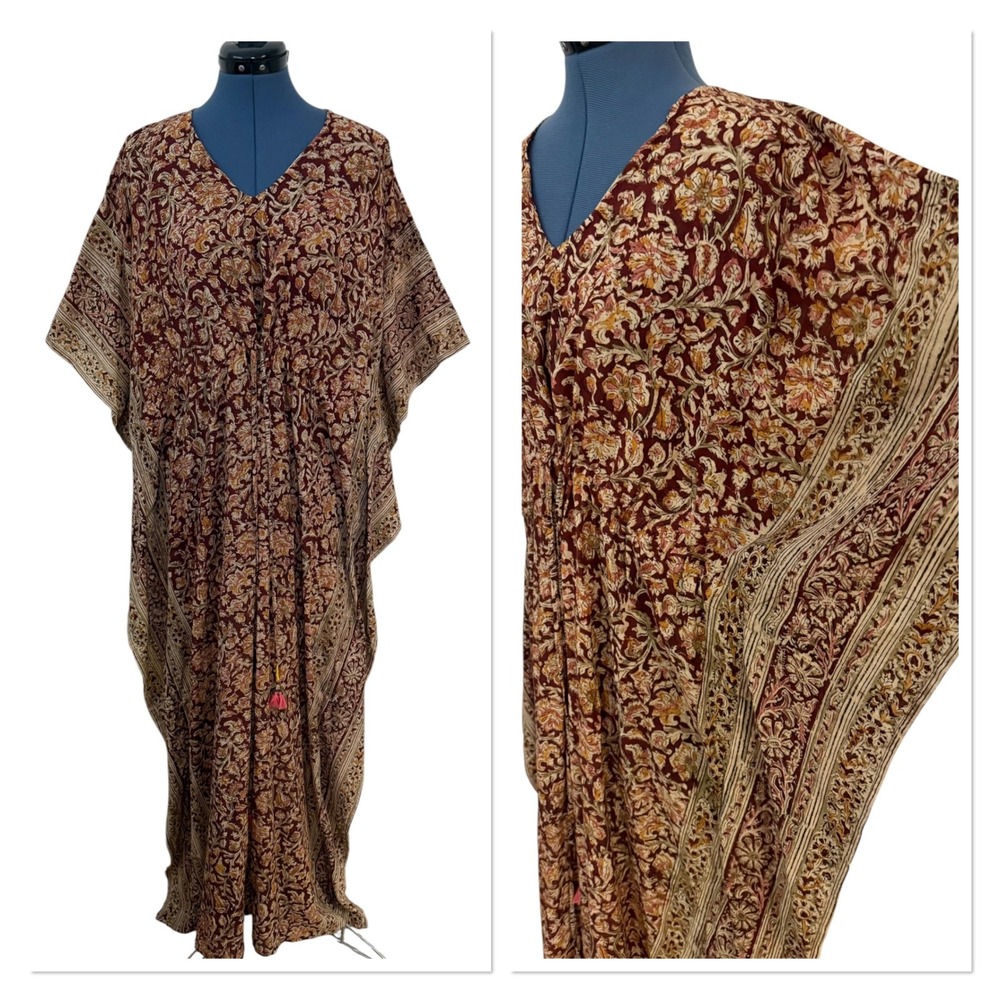 World Market Cotton Floral Kaftan Maxi Dress Burgundy Tan Boho Coverup Lounge OS